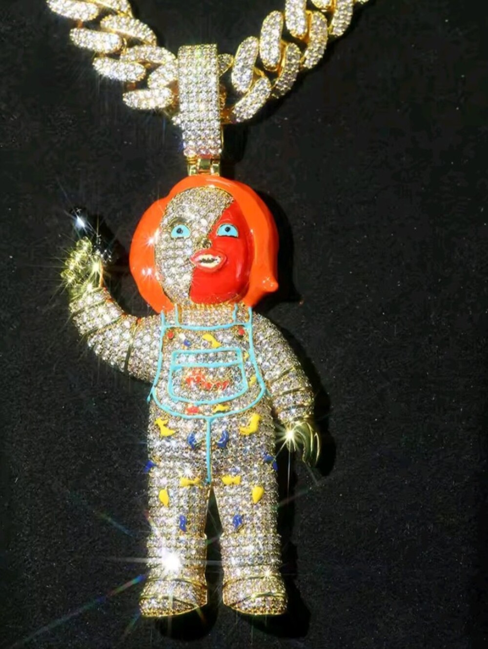 Men's Large Sized Shiny Horror Doll Pendant With Zircon Enamel Colorful Necklace